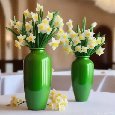 The grand hall was adorned with beautiful vases filled with narcissus flowers, adding elegance to the interior design.
