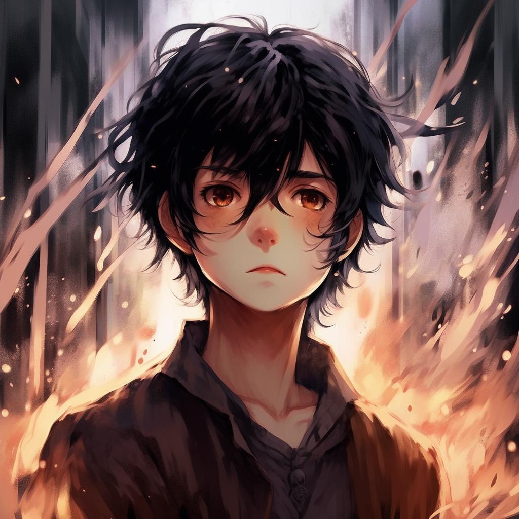 An anime-style illustration in Makoto Shinkai's style. Show Kaito, a young man with dark hair and pensive countenance, dressed as a magic apprentice, visibly dissatisfied with his mundane tasks and dreaming of intense battles.