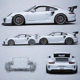 A meticulously detailed blueprint of a Porsche GT3 RS. Features the front, side, and top view, along with internal schematics.