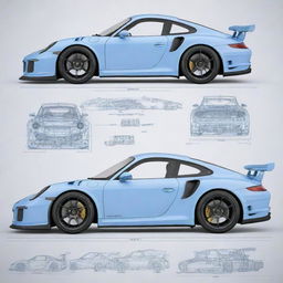 A meticulously detailed blueprint of a Porsche GT3 RS. Features the front, side, and top view, along with internal schematics.