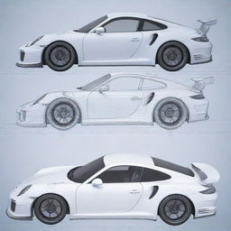 A meticulously detailed blueprint of a Porsche GT3 RS. Features the front, side, and top view, along with internal schematics.