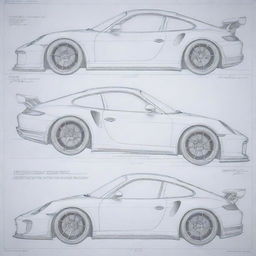 A meticulously detailed blueprint of a Porsche GT3 RS. Features the front, side, and top view, along with internal schematics.