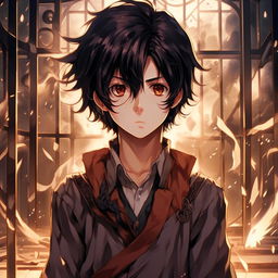 An anime-style illustration in Makoto Shinkai's style. Show Kaito, a young man with dark hair and pensive countenance, dressed as a magic apprentice, visibly dissatisfied with his mundane tasks and dreaming of intense battles.