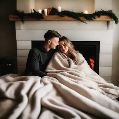 The romantic couple snuggled under the soft flannelette blanket by the fireplace.