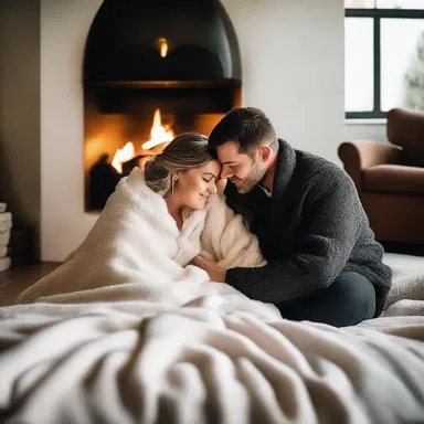 The romantic couple snuggled under the soft flannelette blanket by the fireplace.