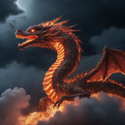 Imperial dragon made of fiery embers, flying through a stormy night sky with lightning illuminating the clouds around it.