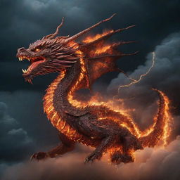 Imperial dragon made of fiery embers, flying through a stormy night sky with lightning illuminating the clouds around it.