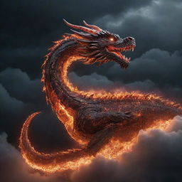 Imperial dragon made of fiery embers, flying through a stormy night sky with lightning illuminating the clouds around it.