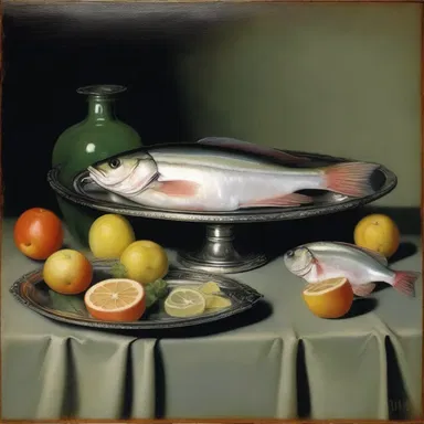 The painting depicted a stunning still life composition with a silver tray adorned with a bloater fish as the centerpiece.