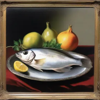 The painting depicted a stunning still life composition with a silver tray adorned with a bloater fish as the centerpiece.