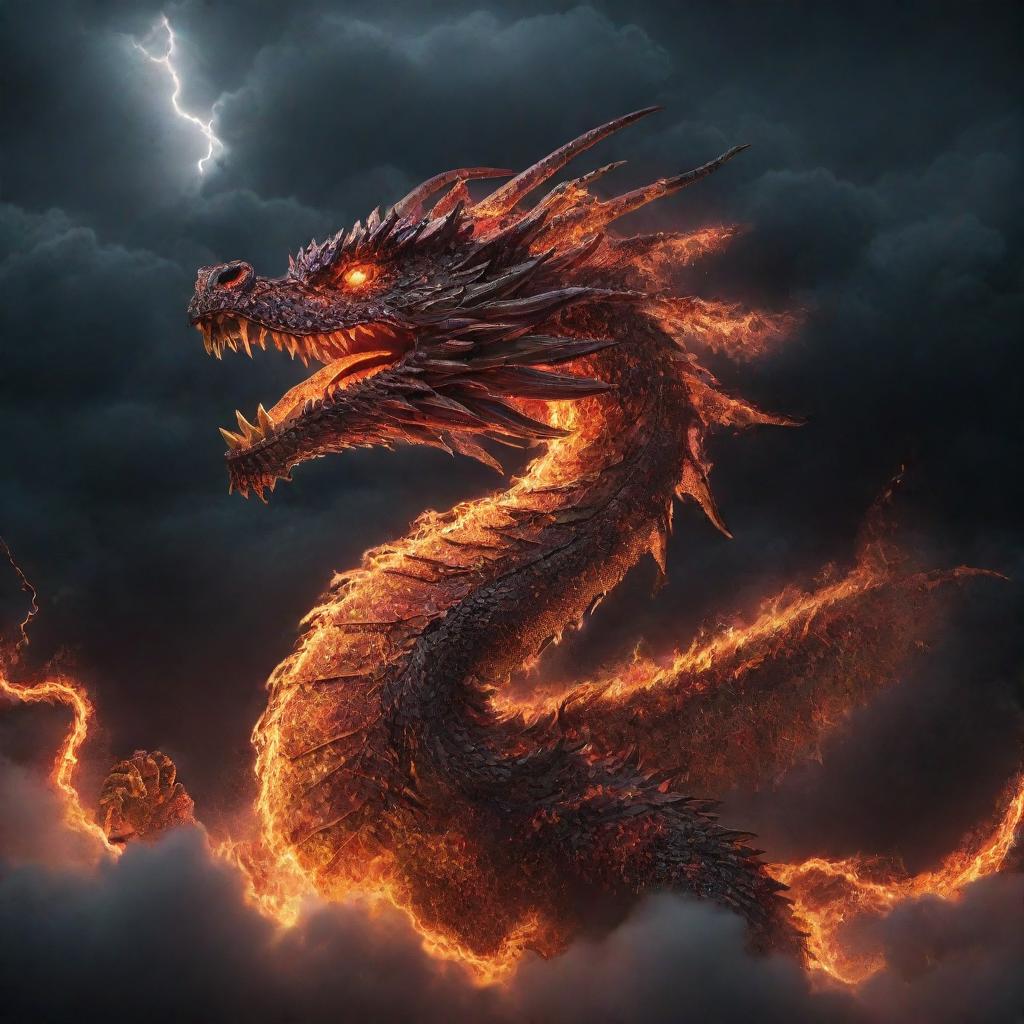 Imperial dragon made of fiery embers, flying through a stormy night sky with lightning illuminating the clouds around it.