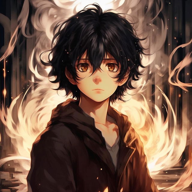 An anime-style illustration in Makoto Shinkai's style. Show Kaito, a young man with dark hair and pensive countenance, dressed as a magic apprentice, visibly dissatisfied with his mundane tasks and dreaming of intense battles.