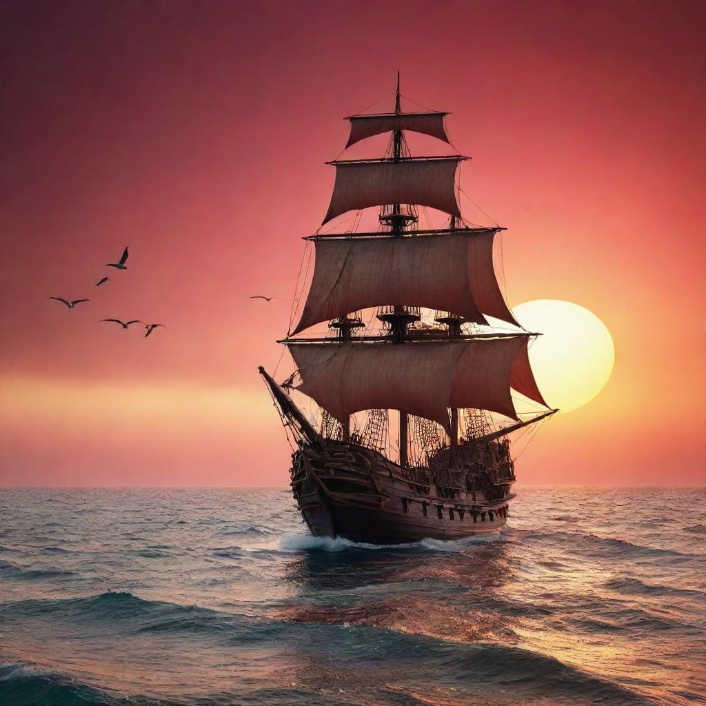 Vintage pirate ship sailing in the vast ocean under a crimson sunset, with seagulls flying agilely in the sky.