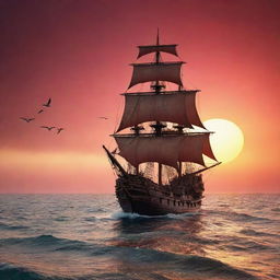 Vintage pirate ship sailing in the vast ocean under a crimson sunset, with seagulls flying agilely in the sky.