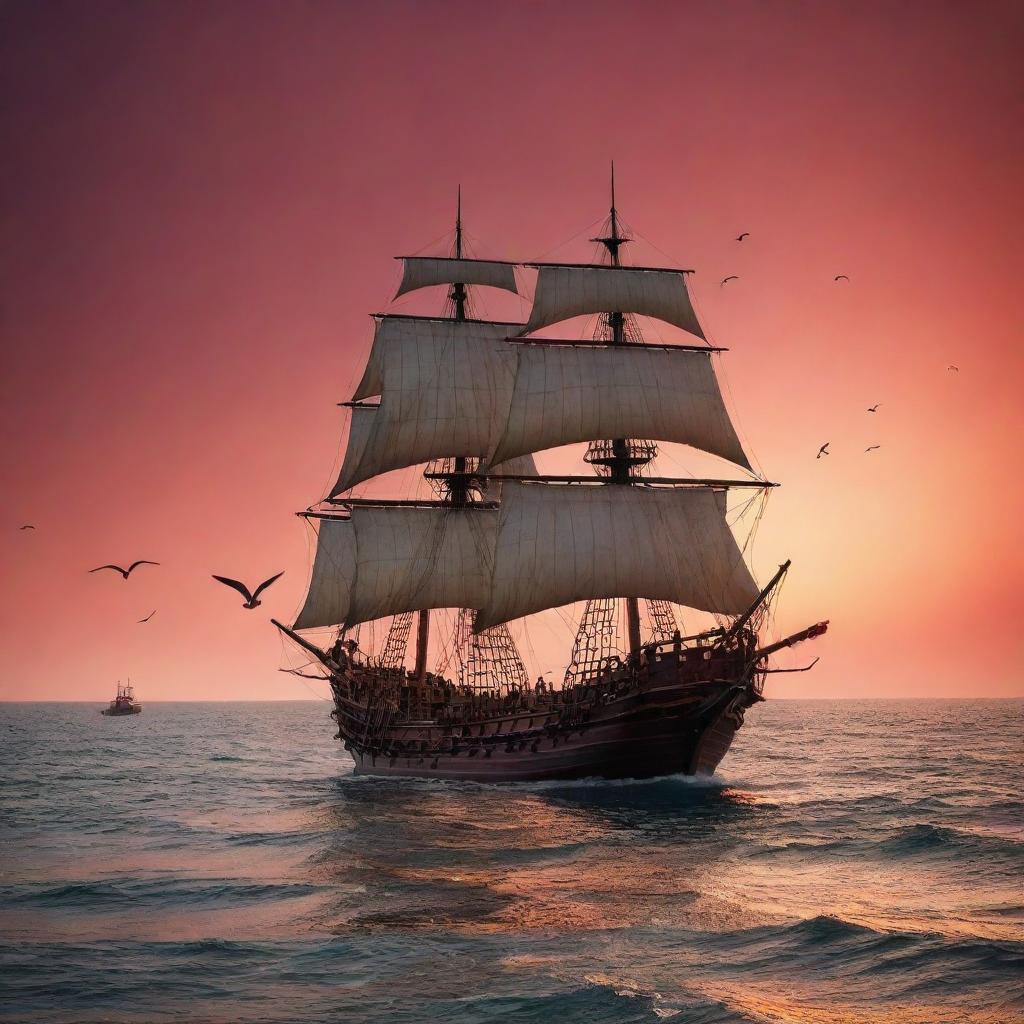 Vintage pirate ship sailing in the vast ocean under a crimson sunset, with seagulls flying agilely in the sky.