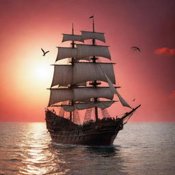 Vintage pirate ship sailing in the vast ocean under a crimson sunset, with seagulls flying agilely in the sky.