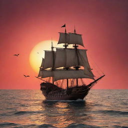 Vintage pirate ship sailing in the vast ocean under a crimson sunset, with seagulls flying agilely in the sky.