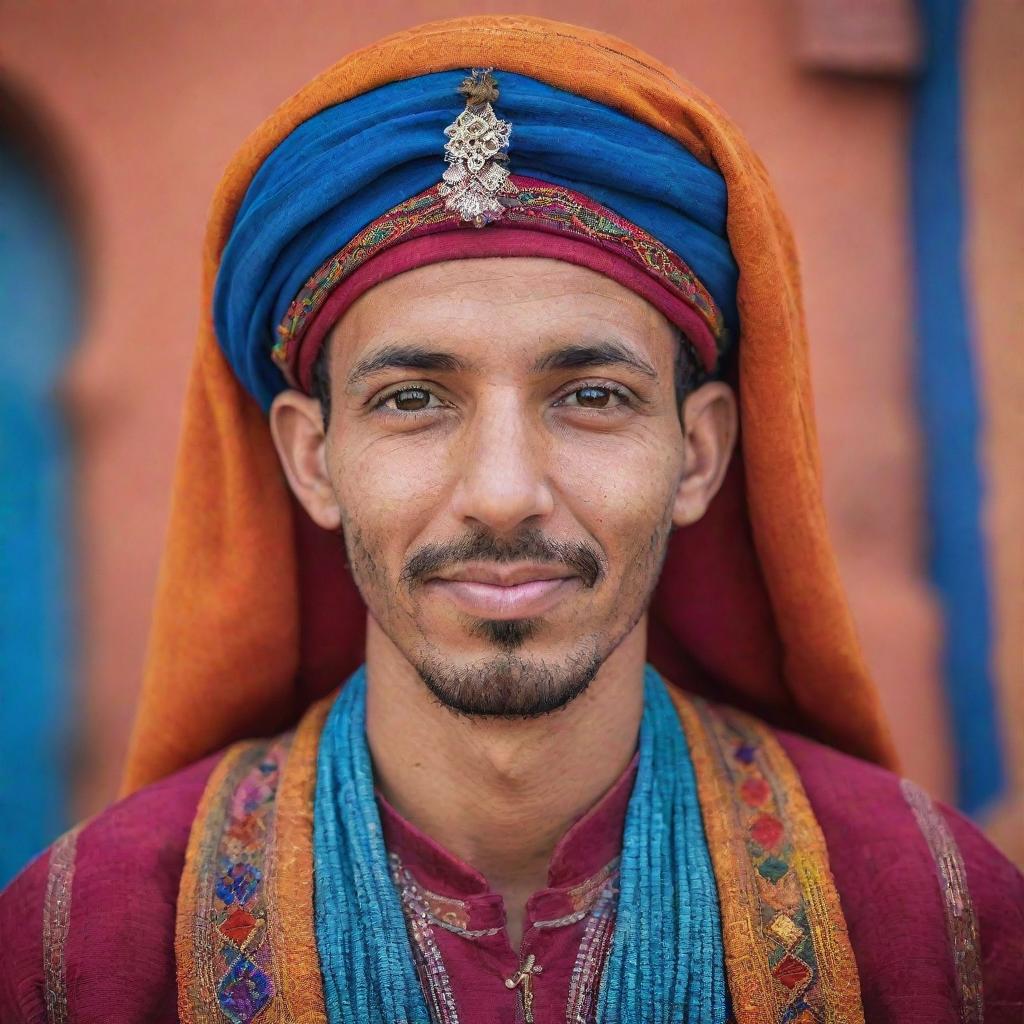 A vibrant, colorful portrait of a Moroccan individual in a traditional dress against a backdrop of their culture