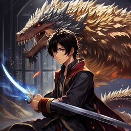 Redesigned anime-style Kaito in Makoto Shinkai's style: A dark-haired young man with pensive features, now wielding a magic sword, readies himself to face a dragon that has appeared at the magic academy. It's Kaito's first real chance to prove his worth.