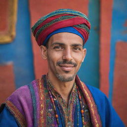 A vibrant, colorful portrait of a Moroccan individual in a traditional dress against a backdrop of their culture