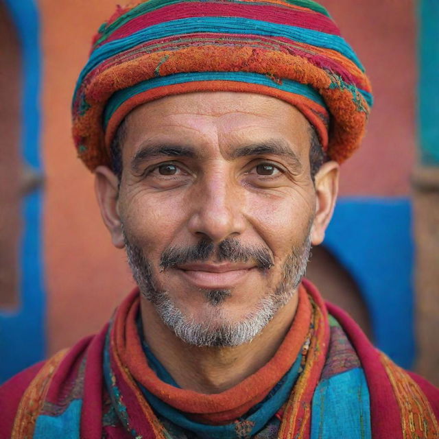 A vibrant, colorful portrait of a Moroccan individual in a traditional dress against a backdrop of their culture