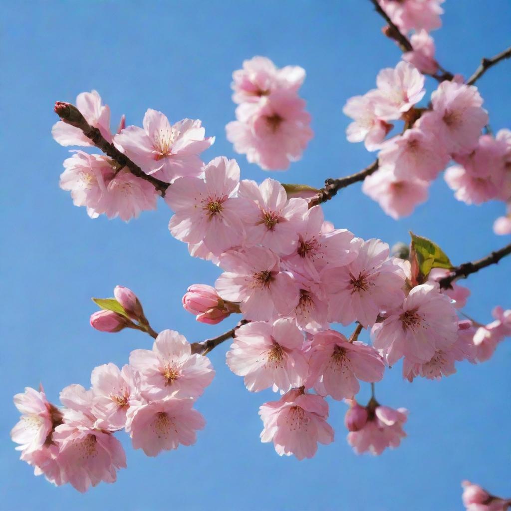 A pink cherry blossom tree in full bloom against a bright blue sky.