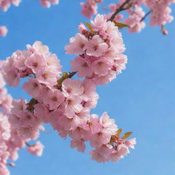 A pink cherry blossom tree in full bloom against a bright blue sky.