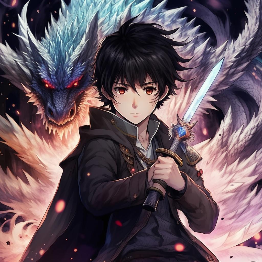 Redesigned anime-style Kaito in Makoto Shinkai's style: A dark-haired young man with pensive features, now wielding a magic sword, readies himself to face a dragon that has appeared at the magic academy. It's Kaito's first real chance to prove his worth.