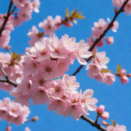 A pink cherry blossom tree in full bloom against a bright blue sky.