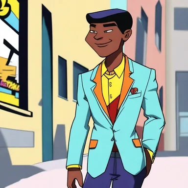 In the cartoon series, the main character always sported his signature blazer with a pop of color.