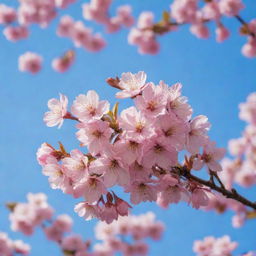 A pink cherry blossom tree in full bloom against a bright blue sky.