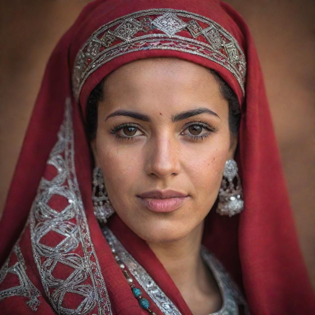 A stunning portrait of a Moroccan woman in traditional attire, exuding strength and elegance