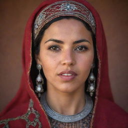 A stunning portrait of a Moroccan woman in traditional attire, exuding strength and elegance