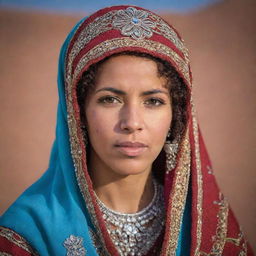 A stunning portrait of a Moroccan woman in traditional attire, exuding strength and elegance