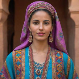 A refined portrait of a Moroccan woman, accentuating traditional attributes. She's in colorful attire, including a richly adorned kaftan and a shawl. Her surroundings subtly hint at Moroccan architecture.