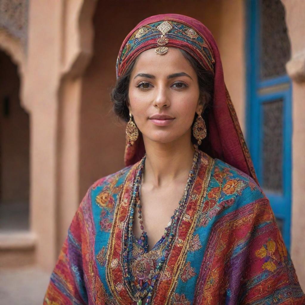 A refined portrait of a Moroccan woman, accentuating traditional attributes. She's in colorful attire, including a richly adorned kaftan and a shawl. Her surroundings subtly hint at Moroccan architecture.