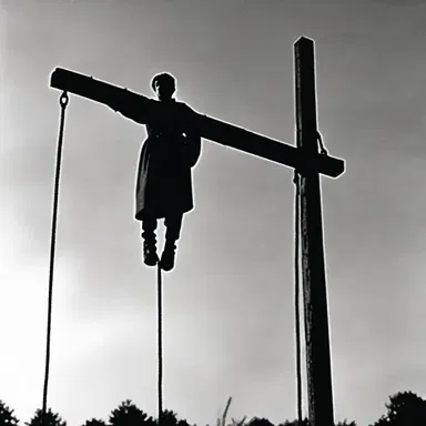 The climactic scene in the movie shows the protagonist standing on the gallows, ready to be hanged.