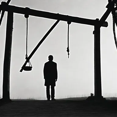 The climactic scene in the movie shows the protagonist standing on the gallows, ready to be hanged.