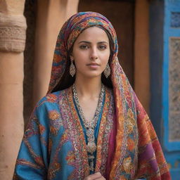 A refined portrait of a Moroccan woman, accentuating traditional attributes. She's in colorful attire, including a richly adorned kaftan and a shawl. Her surroundings subtly hint at Moroccan architecture.