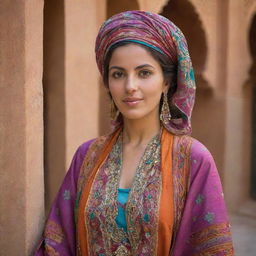 A refined portrait of a Moroccan woman, accentuating traditional attributes. She's in colorful attire, including a richly adorned kaftan and a shawl. Her surroundings subtly hint at Moroccan architecture.