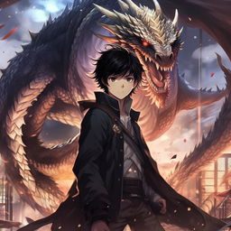 Redesigned anime-style Kaito in Makoto Shinkai's style: A dark-haired young man with pensive features, now wielding a magic sword, readies himself to face a dragon that has appeared at the magic academy. It's Kaito's first real chance to prove his worth.