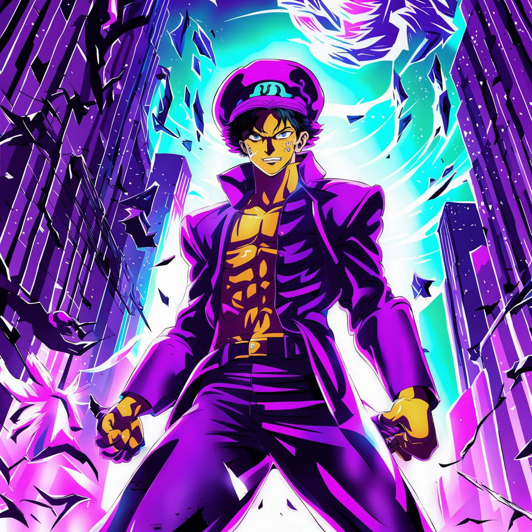 Anime-style illustration of a scene from 'JoJo's Bizarre Adventure' featuring Jotaro Kujo and his Stand, Star Platinum, preparing for battle in a neon-lit cityscape at dusk.