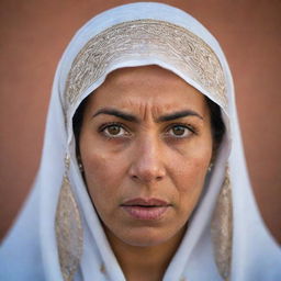 A striking portrait of a Moroccan woman in traditional clothing, her face expressing intense anger