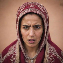 A striking portrait of a Moroccan woman in traditional clothing, her face expressing intense anger