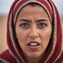 A striking portrait of a Moroccan woman in traditional clothing, her face expressing intense anger