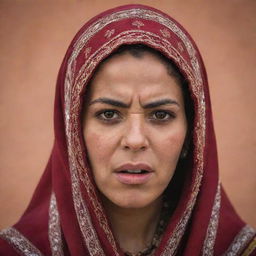 A striking portrait of a Moroccan woman in traditional clothing, her face expressing intense anger