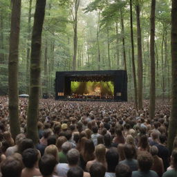 Generates a photomontage of a large, bustling concert taking place in a deep, lush forest. Captures the atmosphere of both the lively concert and serene forest with capacity for 10,000 people.