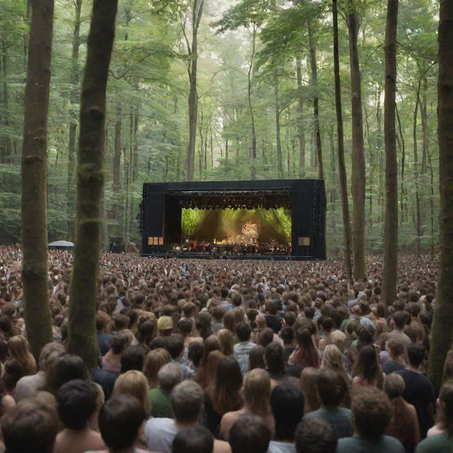 Generates a photomontage of a large, bustling concert taking place in a deep, lush forest. Captures the atmosphere of both the lively concert and serene forest with capacity for 10,000 people.