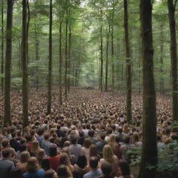 Generates a photomontage of a large, bustling concert taking place in a deep, lush forest. Captures the atmosphere of both the lively concert and serene forest with capacity for 10,000 people.