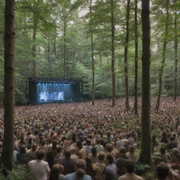 Generates a photomontage of a large, bustling concert taking place in a deep, lush forest. Captures the atmosphere of both the lively concert and serene forest with capacity for 10,000 people.